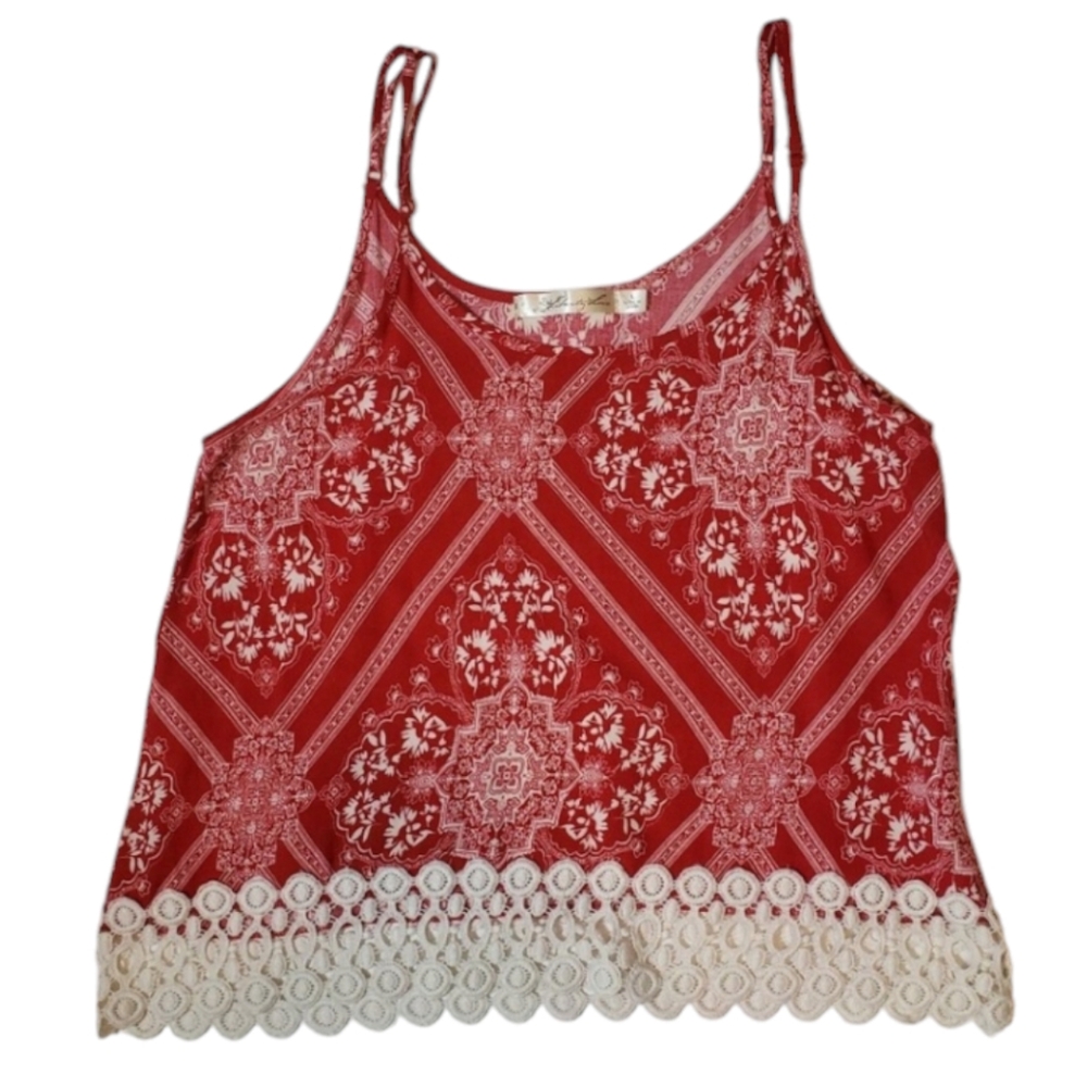 NWOT Liberty Love Boho Tank Top Red White Crochet Hem - Picture 7 of 8